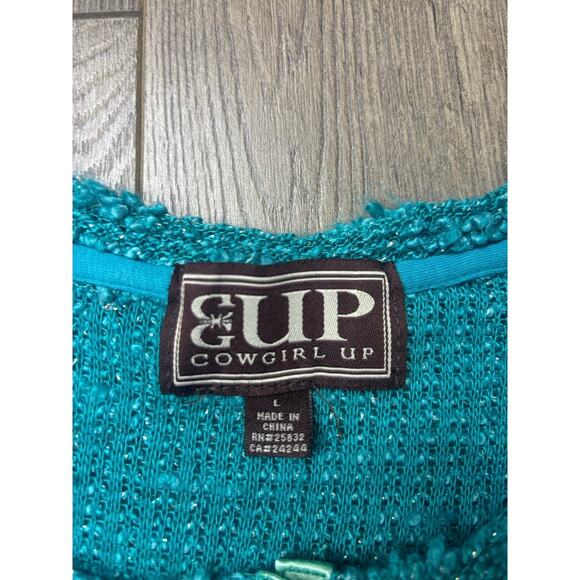 Cowgirl Up Teal Textured Knit Sweater Size L Sparkle Button Detail Western - Picture 3 of 8